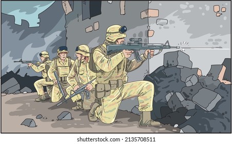 War between ruins. Troops in military action