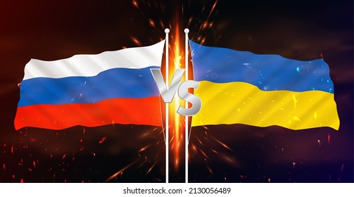 Guerra entre Rusia y Ucrania. Conflicto armado en Europa en 2022. Cartel vectorial de las banderas de Ucrania y Rusia en los brasas del fuego, el humo y la señal de oposición. Concepto de guerra. vector 3D