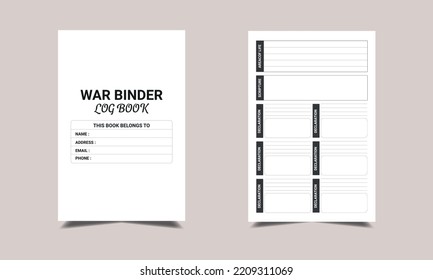 War Binder log book KDP Interior design. Printable logbook