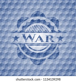 War blue badge with geometric pattern background.