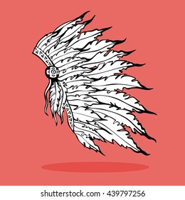 War Bonnet. Hand drawn native American Indian plume headdress. Indian tribal headdress. Black ink drawing. Vector illustration.