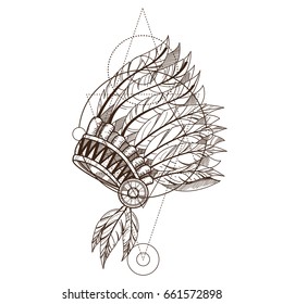War bonnet. Native American indian headdress with feathers. Monochrome vector illustration isolated on white background.