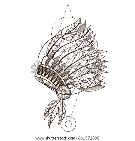 War bonnet. Native American indian headdress with feathers. Monochrome vector illustration isolated on white background.