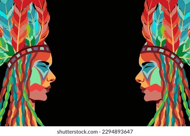 War bonnet person with copy space. Big horizontal banner with Profile Indian woman in feather headdress on black background.  Native north american person. Shaman. Vector illustration.