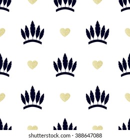 War bonnet  silhouette and gold glitter hearts. Seamless background. Vector, EPS 10 