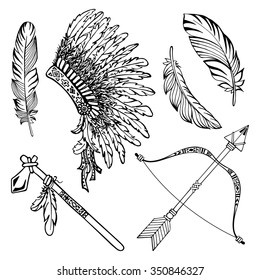 War bonnet, tomahawk, bird feather, Indian bow, arrows. Ethnic hand drawn set vector illustration.