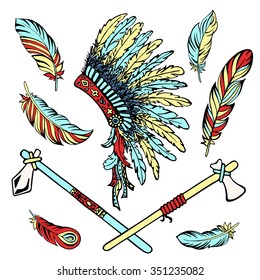 War bonnet, tomahawk, bird feather. Ethnic hand drawn set vector illustration.