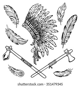 War bonnet, tomahawk, bird feather. Ethnic hand drawn set vector illustration.