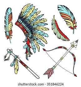 War bonnet, tomahawk, bird feather, Indian bow, arrows. Ethnic hand drawn set vector illustration.