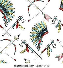 

War bonnet, Tomahawk, feather birds, Indian bow, arrows. Ethnic seamless pattern vector illustration.