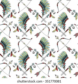 

War bonnet, Tomahawk, feather birds, Indian bow, arrows. Ethnic seamless pattern vector illustration.