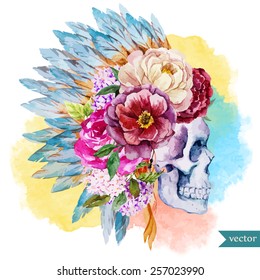 war bonnet, watercolor, skull, boho, Indian, feathers, flowers