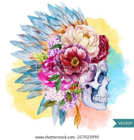 war bonnet, watercolor, skull, boho, Indian, feathers, flowers