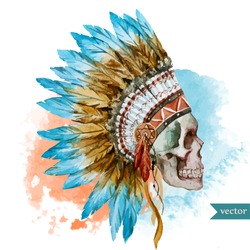 War Bonnet,watercolor, Skull, Boho, Indian, Feathers