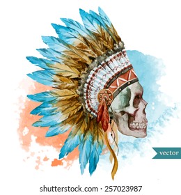 war bonnet,watercolor, skull, boho, Indian, feathers