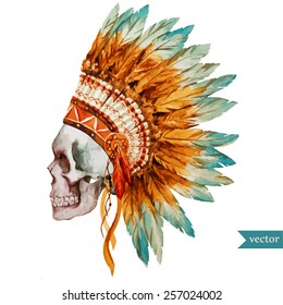 war bonnet,watercolor, skull, boho, Indian