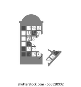 War Broken building. Cracks and splinters of Destroyed facility. Hurricane demolition house. Earthquake ruined architecture. Spontaneous disaster. Apocalypse on Earth
