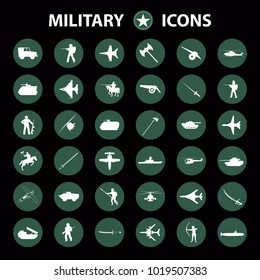 War burden icons set. Simple set of 36 Equipment Accessories vector icons for web isolated on green circle. Black background