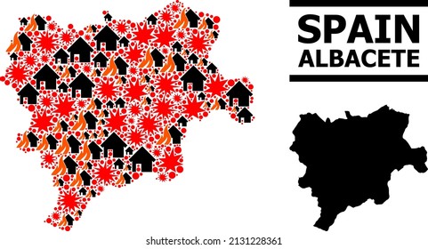 War collage vector map of Albacete Province. Geographic collage map of Albacete Province is designed with scattered fire, destruction, bangs, burn homes, strikes.