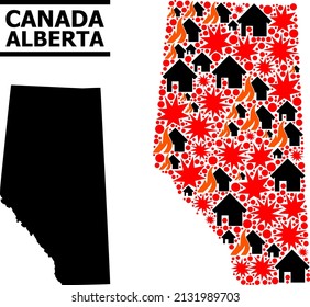 War collage vector map of Alberta Province. Geographic collage map of Alberta Province is constructed from randomized fire, destruction, bangs, burn realty, strikes.