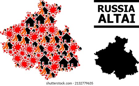 War collage vector map of Altai Republic. Geographic collage map of Altai Republic is designed with randomized fire, destruction, bangs, burn houses, strikes.