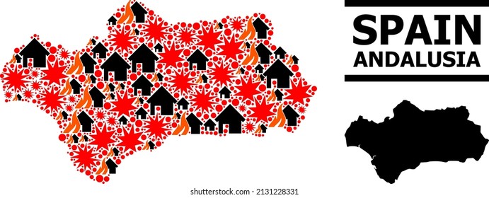 War collage vector map of Andalusia Province. Geographic collage map of Andalusia Province is composed with randomized fire, destruction, bangs, burn realty, strikes.