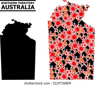 War collage vector map of Australian Northern Territory. Geographic collage map of Australian Northern Territory is designed with randomized fire, destruction, bangs, burn houses, strikes.