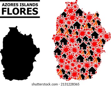 War collage vector map of Azores - Flores Island. Geographic collage map of Azores - Flores Island is designed from scattered fire, destruction, bangs, burn houses, strikes.