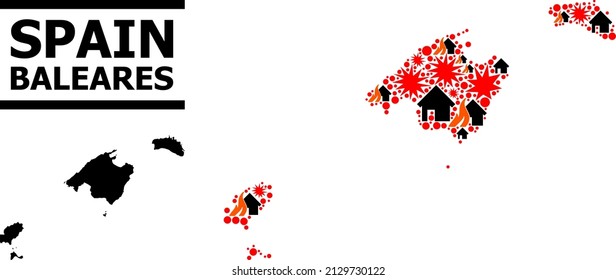 War collage vector map of Baleares Province. Geographic concept map of Baleares Province is organized with scattered fire, destruction, bangs, burn realty, strikes.