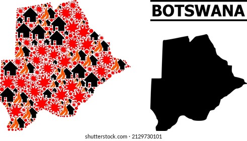 War collage vector map of Botswana. Geographic concept map of Botswana is constructed with random fire, destruction, bangs, burn realty, strikes. Vector flat illustration for war promotion.