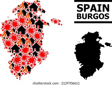 War collage vector map of Burgos Province. Geographic mosaic map of Burgos Province is combined with scattered fire, destruction, bangs, burn homes, strikes. Vector flat illustration for war purposes.