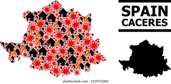 War collage vector map of Caceres Province. Geographic collage map of Caceres Province is combined from random fire, destruction, bangs, burn homes, strikes.