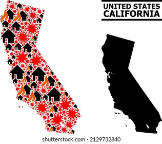 War Collage Vector Map Of California. Geographic Collage Map Of California Is Done With Scattered Fire, Destruction, Bangs, Burn Homes, Strikes. Vector Flat Illustration For War Doctrines.