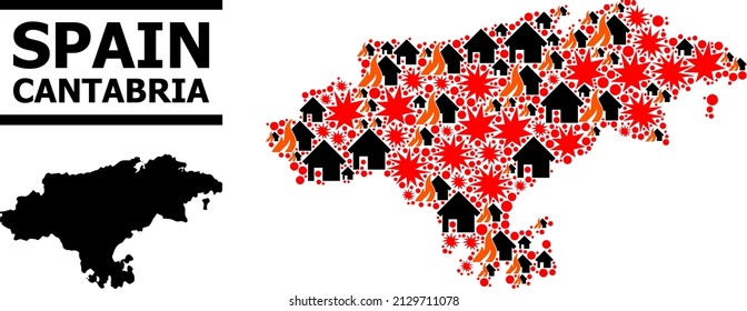 War collage vector map of Cantabria Province. Geographic collage map of Cantabria Province is designed with randomized fire, destruction, bangs, burn homes, strikes.