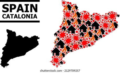 War collage vector map of Catalonia. Geographic collage map of Catalonia is combined from scattered fire, destruction, bangs, burn realty, strikes. Vector flat illustration for war propaganda.