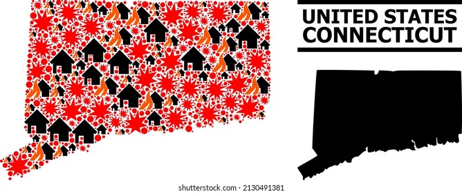 Mapa vectorial de collage de guerra del estado de Connecticut. El mapa geográfico de collage del estado de Connecticut se combina con fuego disperso, destrucción, golpes, casas quemadas, ataques.