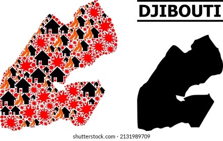 War collage vector map of Djibouti. Geographic collage map of Djibouti is done with random fire, destruction, bangs, burn homes, strikes.