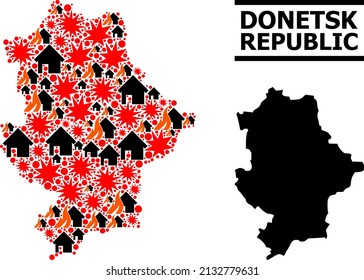 War collage vector map of Donetsk Republic. Geographic collage map of Donetsk Republic is created from scattered fire, destruction, bangs, burn houses, strikes.
