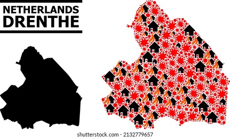 War collage vector map of Drenthe Province. Geographic concept map of Drenthe Province is constructed from scattered fire, destruction, bangs, burn realty, strikes.