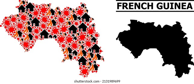 War collage vector map of French Guinea. Geographic collage map of French Guinea is organized from scattered fire, destruction, bangs, burn realty, strikes. Vector flat illustration for war projects.