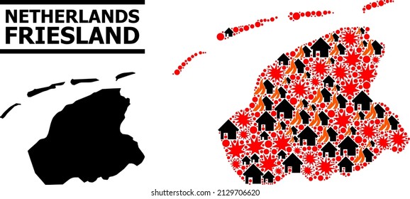 War collage vector map of Friesland Province. Geographic collage map of Friesland Province is constructed from scattered fire, destruction, bangs, burn realty, strikes.