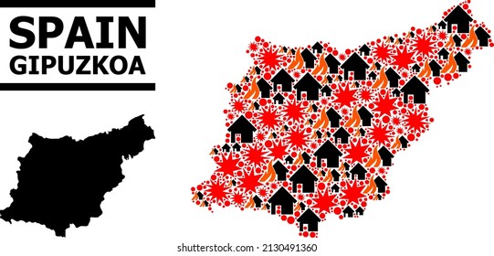 War collage vector map of Gipuzkoa Province. Geographic collage map of Gipuzkoa Province is created from random fire, destruction, bangs, burn houses, strikes.