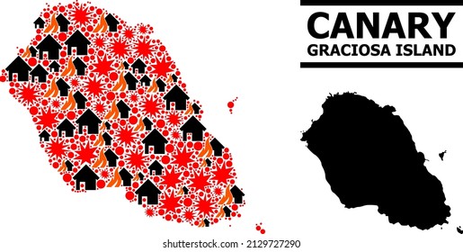 War collage vector map of Graciosa Island. Geographic collage map of Graciosa Island is organized with scattered fire, destruction, bangs, burn homes, strikes.