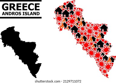 War collage vector map of Greece - Andros Island. Geographic composition map of Greece - Andros Island is composed with random fire, destruction, bangs, burn homes, strikes.