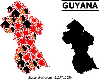 War collage vector map of Guyana. Geographic collage map of Guyana is composed with randomized fire, destruction, bangs, burn homes, strikes.