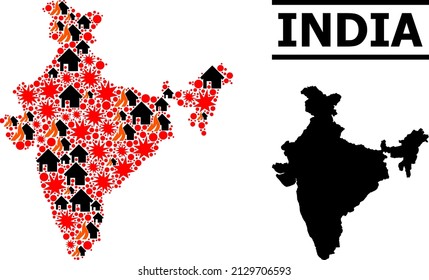 War collage vector map of India. Geographic collage map of India is combined from randomized fire, destruction, bangs, burn homes, strikes. Vector flat illustration for war collages.
