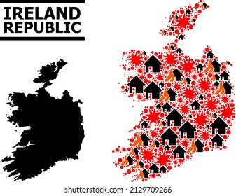 War collage vector map of Ireland Republic. Geographic collage map of Ireland Republic is done with scattered fire, destruction, bangs, burn realty, strikes.