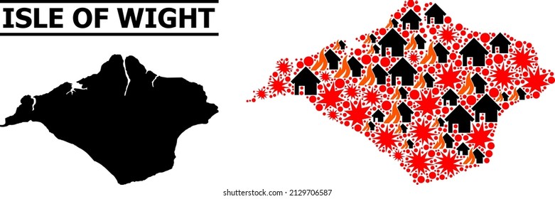 War collage vector map of Isle of Wight. Geographic concept map of Isle of Wight is combined from random fire, destruction, bangs, burn homes, strikes. Vector flat illustration for war projects.