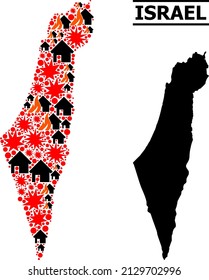 War collage vector map of Israel. Geographic composition map of Israel is organized with scattered fire, destruction, bangs, burn homes, strikes. Vector flat illustration for war applications.