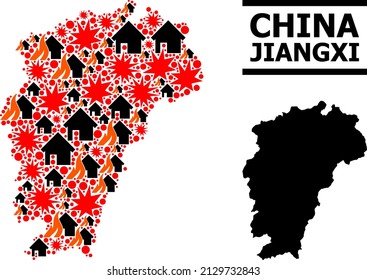 War collage vector Map of Jiangxi Province. Geographic collage Map of Jiangxi Province is combined from scattered fire, destruction, bangs, burn houses, strikes.